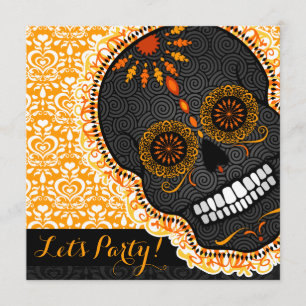 Feliz Muertos Tilted Orange and Black Sugar Skull Inbjudningar