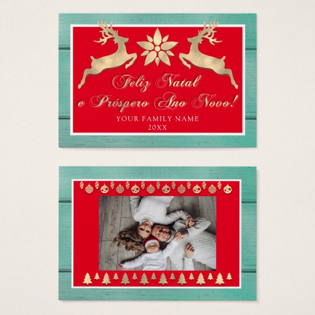 Feliz Natal e um Próspero Ano Novo Guld Red Rustic Visitkort (Framsida & baksida)