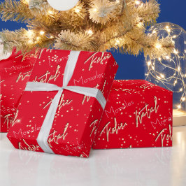 Feliz Natal Golden Script Custom Name Bright Red Presentpapper