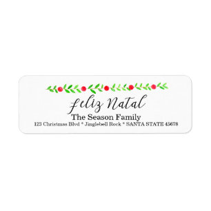 Feliz Natal, julbanderoll med vattenfärg Returadress Etikett