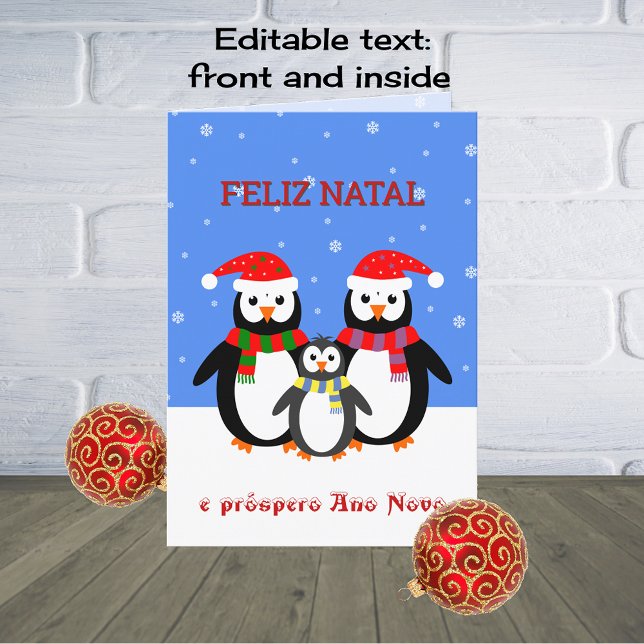Feliz natal penguins portuguese christmas helgkort (Skapare uppladdad)