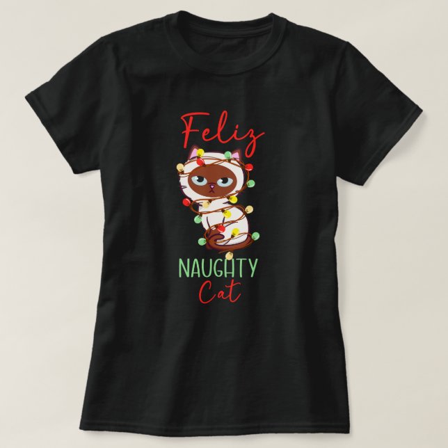 Feliz naughty cat jul ljus Feliz Navidad T Shirt (Design framsida)