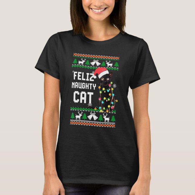 Feliz Naughty Cat Ugly Sweater jul Ljus T Shirt (Framsida)