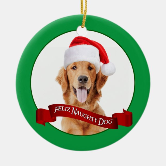 Feliz Naughty Golden Retriever Julgransprydnad Keramik (Framsidan)