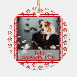 Feliz Naughty Hund Red Paw Print Photo Julgransprydnad Keramik