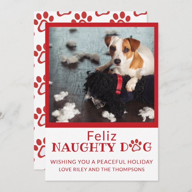 Feliz Naughty Hund Red Tass avtryck Pet Photo Helg Julkort (Fram/baksida)