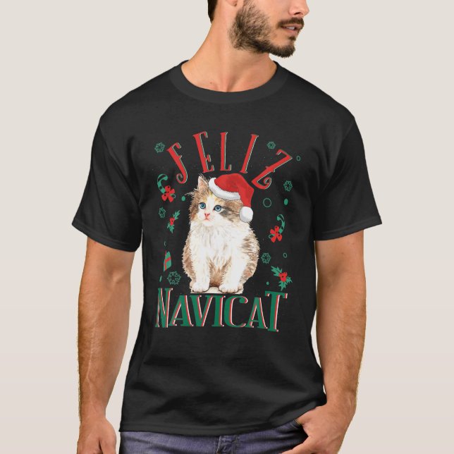 Feliz Navicat Pun Cute Kitten Fluffy Cat Santa Hat T Shirt (Framsida)
