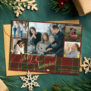 Feliz Navidad 5 bilder elegant skript röd plaid Julkort