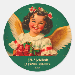 "Feliz Navidad" Angel Round Sticker Runt Klistermärke