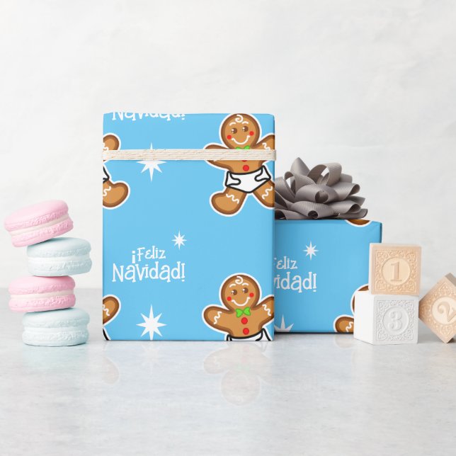 Feliz Navidad! Baby Gingerbröd på ljusblå blått Presentpapper (Baby Shower)