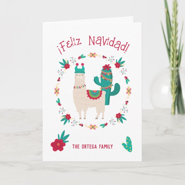 Feliz Navidad Bright och Festive Llama jul Kort (Framsida)