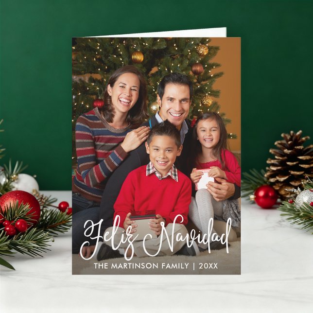 Feliz Navidad Calligraphy Script Family Photo Fold Helgkort (Customize to add text to inside of card.)