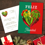 Feliz Navidad Chili Peppers Heart Helg Vykort<br><div class="desc">Foto av olika sorters röda,  gult och grönt-hett chilipeppar som bildar ett hjärta på grönt och röd bakgrund,  som representerar mexikanska flagga med den redigerbara texten "Feliz Navidad" och ett lämpligt budskap på baksidan på spanska,  med redigerbart namn och adress.</div>