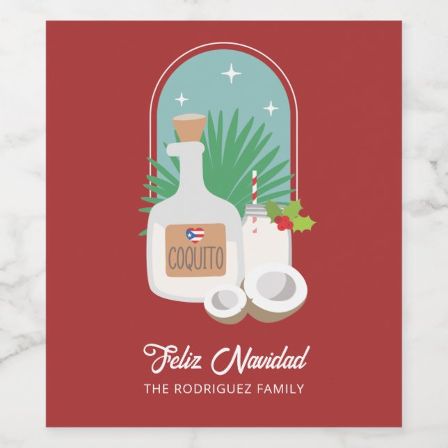 Feliz Navidad Coquito Food and Beverage Label Set Vinflaska Etikett (Singel etikett)