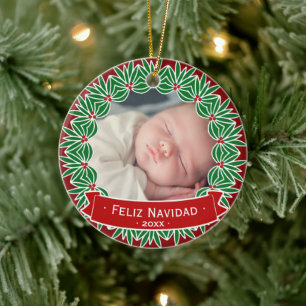 Feliz Navidad Din fotofärgsrött och Grönt Julgransprydnad Keramik