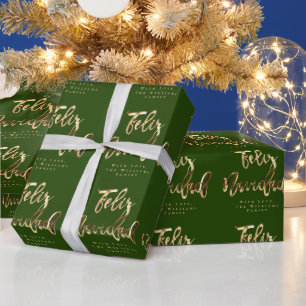 Feliz Navidad Elegant Grönt och Guld Script Presentpapper