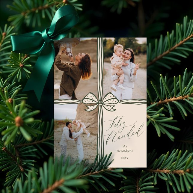 Feliz Navidad Elegant Helgdag Bow Photo Collage Julkort (Feliz Navidad Elegant Holiday Bow Photo Collage)