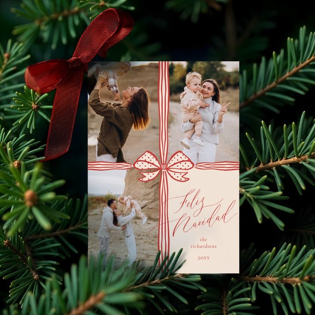 Feliz Navidad Elegant Helgdag Bow Photo Collage Julkort (Feliz Navidad Elegant Holiday Bow Photo Collage)