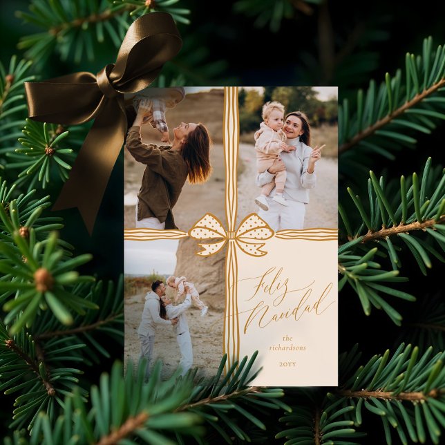 Feliz Navidad Elegant Helgdag Bow Photo Collage Julkort (Feliz Navidad Elegant Holiday Bow Photo Collage)