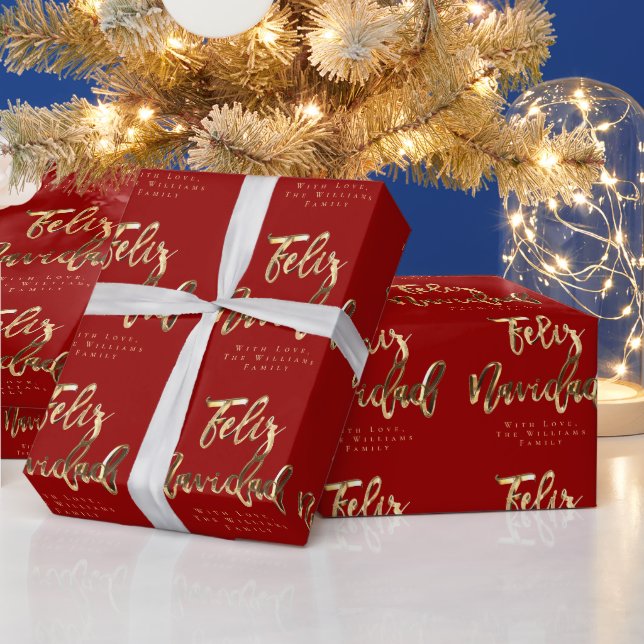 Feliz Navidad Elegant Red och Guld Script Presentpapper (Helgdagar)