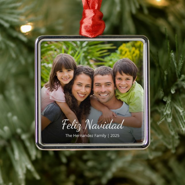 Feliz Navidad Family Photo Spanish Christmas Photo Julgransprydnad Metall (Träd)
