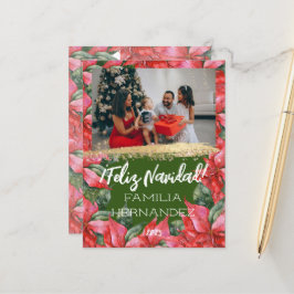 Feliz Navidad Family Photo Watercolor Poinsettia Helg Vykort