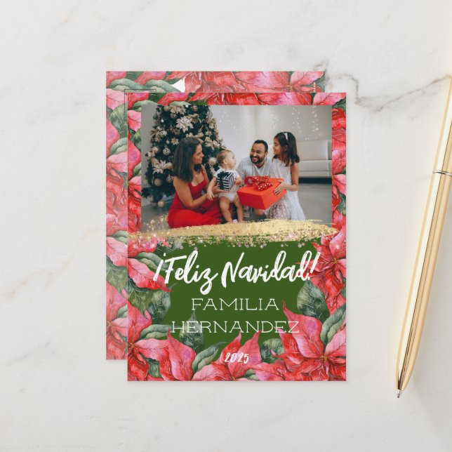 Feliz Navidad Family Photo Watercolor Poinsettia Helg Vykort (Fram/Back In Situ)