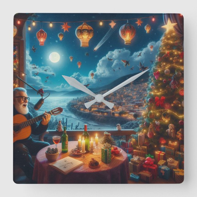 Feliz Navidad Festive Guitar Player Coastal Town Fyrkantig Klocka (Framsida)