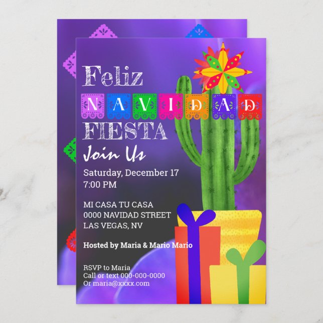 Feliz Navidad Fiesta Grönt Cactus on Lila Inbjudningar (Fram/baksida)