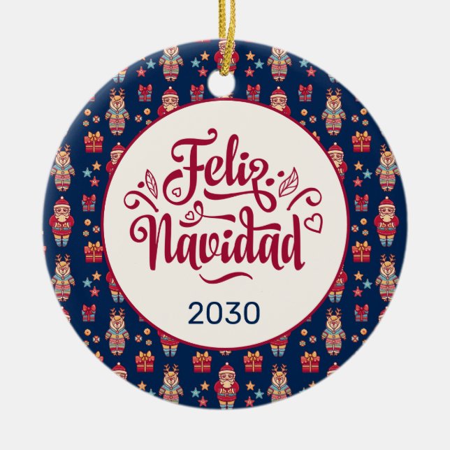 Feliz Navidad Folk Santa Reindeer Blue Anpassnings Julgransprydnad Keramik (Framsidan)