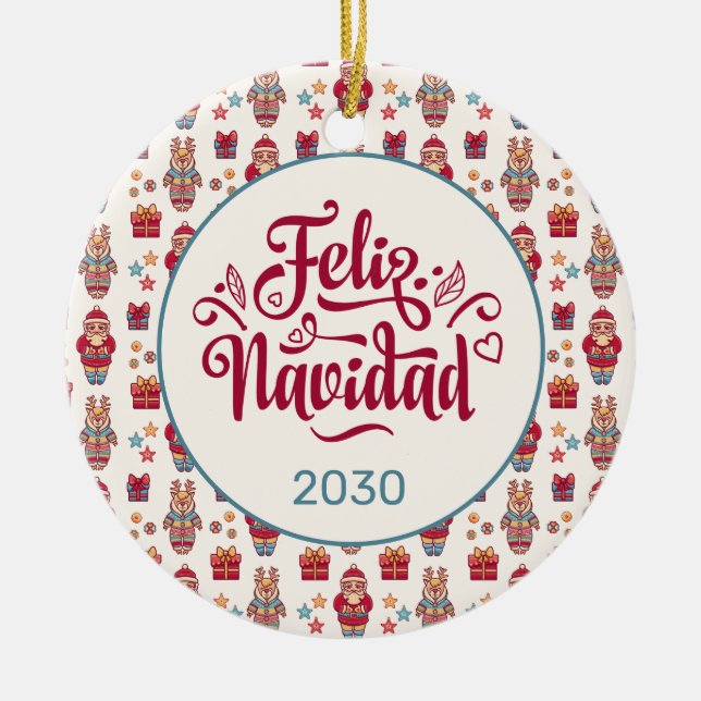 Feliz Navidad Folk Santa Reindeer Cream Anpassning Julgransprydnad Keramik (Framsidan)