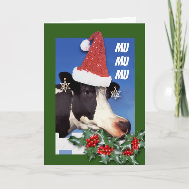 Feliz Navidad Funny Cow Eating Boughs of Holly Helgkort (Framsida)
