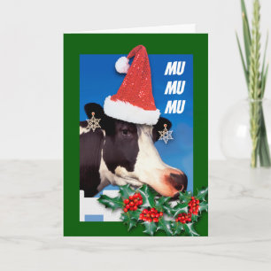 Feliz Navidad Funny Cow Eating Boughs of Holly Helgkort