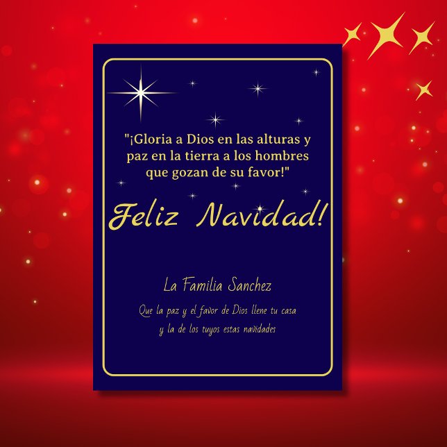 Feliz Navidad Golden & Blue Luke 2:14 Verse Julkort (Feliz Navidad Deep Blue & Gold Holiday card, customizable Spanish text, Con Jesus en el camino)