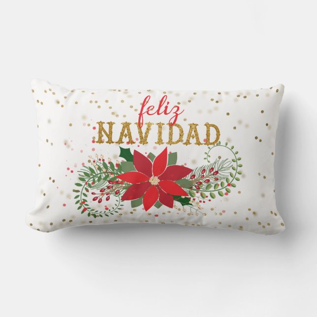 Feliz Navidad Guld Glitter Poinsettia Lumbarkudde (Framsida)