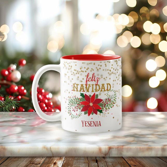 Feliz Navidad Guld Glitter Poinsettia Två-Tonad Mugg (Feliz Navidad Gold Glitter Poinsettia Two-Tone Coffee Mug)