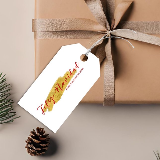 Feliz Navidad Guld Träd Foil Brush Helgdag Presentetikett (Feliz Navidad Gold Tree Foil Brush Holiday Gift Tags)