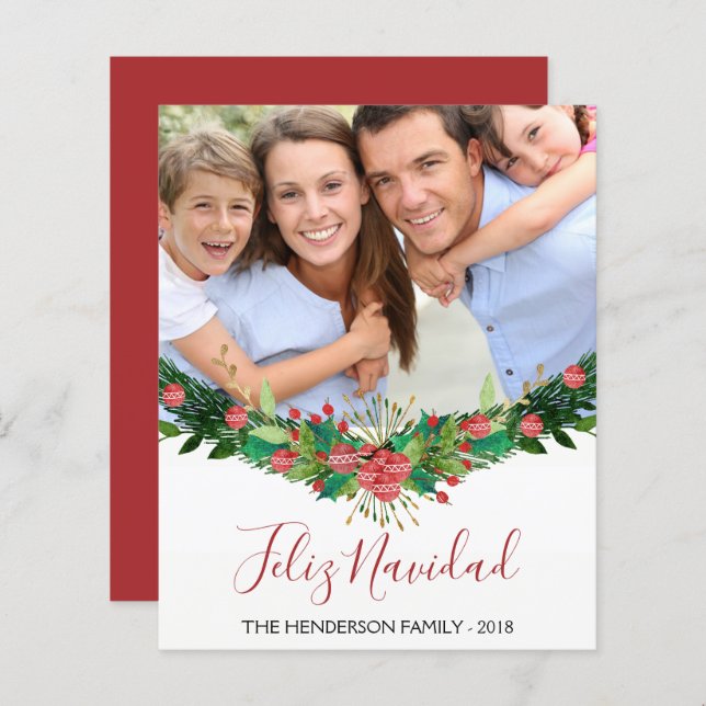 Feliz Navidad jul Garland Script Photo Card (Fram/baksida)