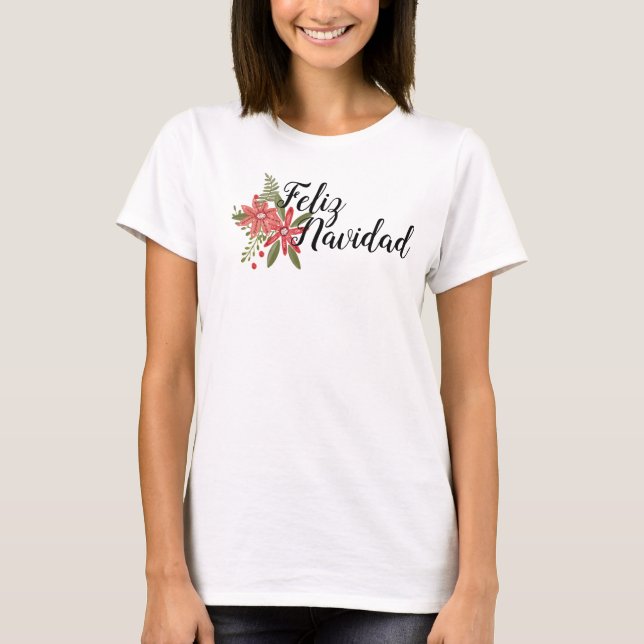 Feliz Navidad med Poinsettias T Shirt (Framsida)