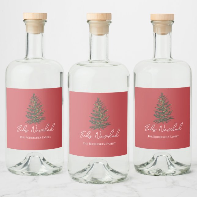 Feliz Navidad-Merry Christmas Tree and Lights  Spritflaskor Etikett (Flaskor)