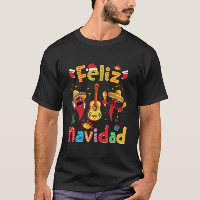 Feliz Navidad Mexikansk Fiesta Varm Peppar Gitarr  T Shirt (Framsida)