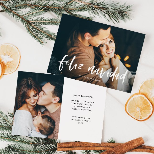 Feliz Navidad | Modern spanska två-fotojul Julkort (An elegant, Spanish Christmas magnetic card with two photos)