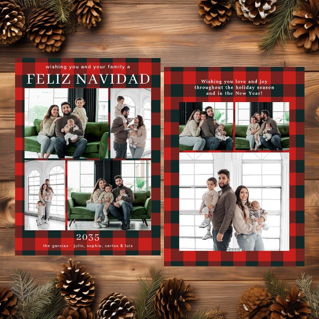 Feliz Navidad Multi Photo Red Buffalo Plaid Julkort (Skapare uppladdad)