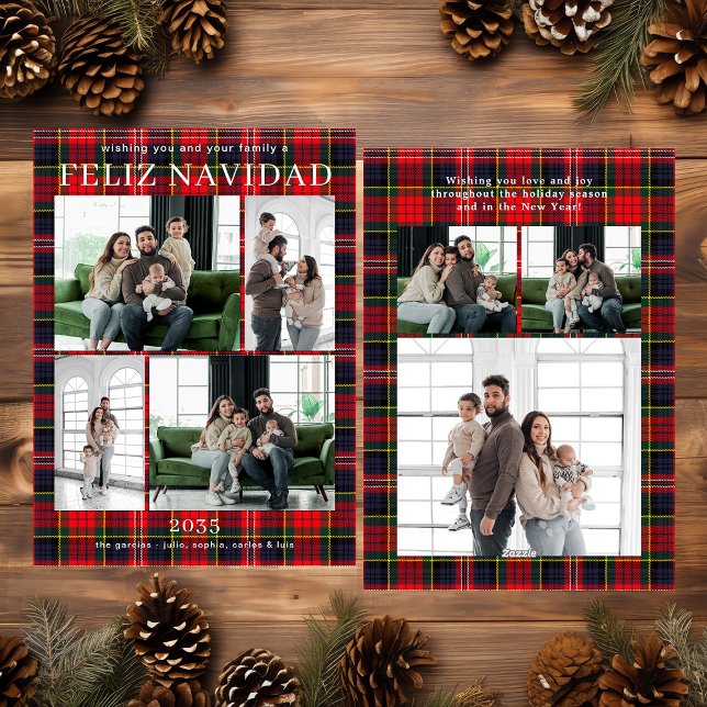 Feliz Navidad Multi Photo Red Plaid Holiday Card Julkort (Skapare uppladdad)
