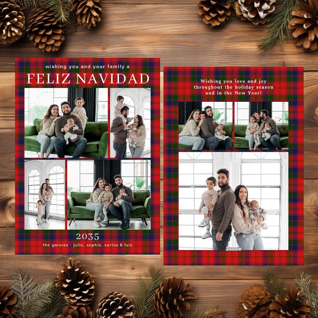 Feliz Navidad Multi Photo Red Plaid Holiday Card Julkort (Skapare uppladdad)