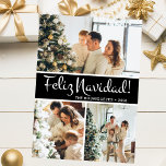 Feliz Navidad Photo Collage Julkort<br><div class="desc">Det här fantastiska 3-fotokortet med "Feliz Navidad!" i ett modernt typsnitt och din familj namn och år i ett rent, skarpt, traditionellt typsnitt, både i vitt på svart med en matchande baksida är perfekt att skicka till din familj och dina vänner. Alla kommer att få nya bilder av din familj...</div>