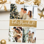 Feliz Navidad Photo Collage Julkort<br><div class="desc">Det här fantastiska 3-fotokortet med "Feliz Navidad!" i ett modernt typsnitt och din familj namn och år i ett rent, skarpt, traditionellt typsnitt, både i vitt på guld med en matchande baksida, är perfekt att skicka till din familj och dina vänner. Alla kommer att få nya bilder av din familj...</div>