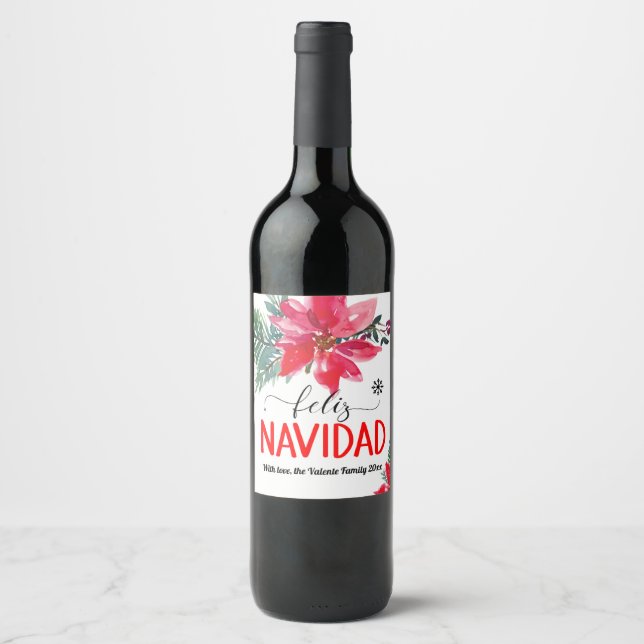 Feliz Navidad Poinsettia Personlig Vin Label Vinflaska Etikett (Framsida)