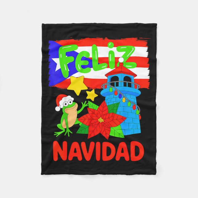 Feliz Navidad Puerto Rico Flag Floral Frog Boricua Fleecefilt (Framsidan)