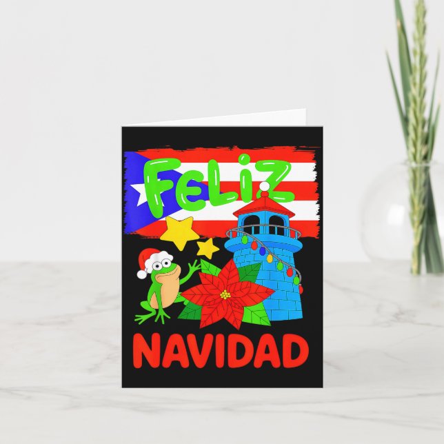 Feliz Navidad Puerto Rico Flag Floral Frog Boricua Kort (Framsida)